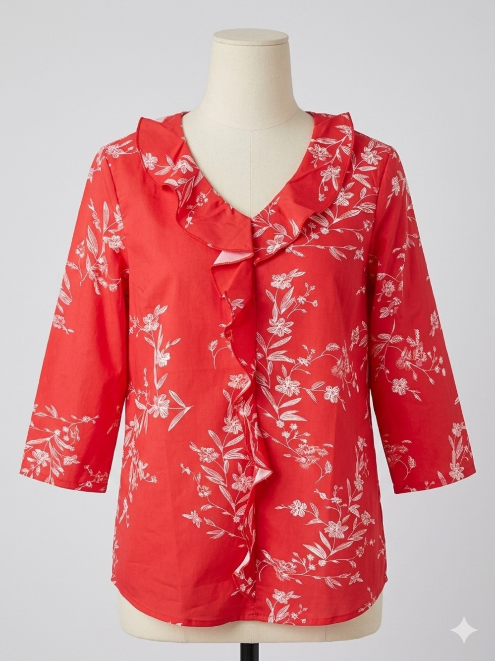 NWT- UVN Red Floral Ruffle V-Neck Blouse 3/4 Sleeve- S